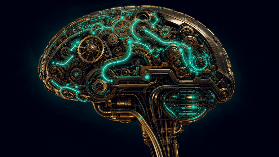 Steampunk mechanical brain representing Penumbra's intelligent automation engine